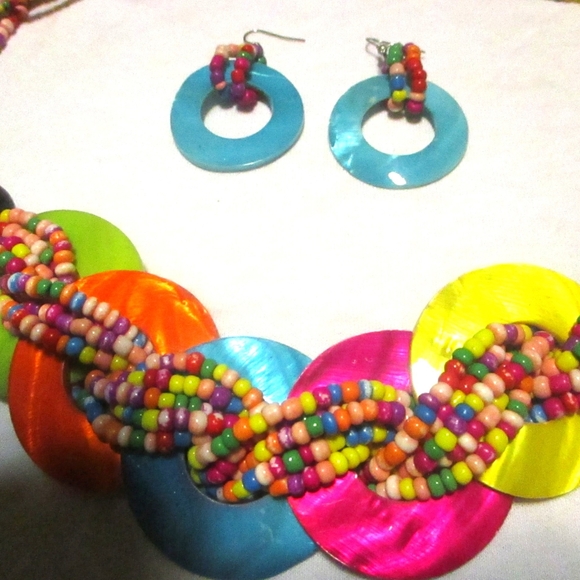 Vintage 80s Multicolor Necklace Earrings Colorful Chunky Beaded necklace twisted - Picture 5 of 8